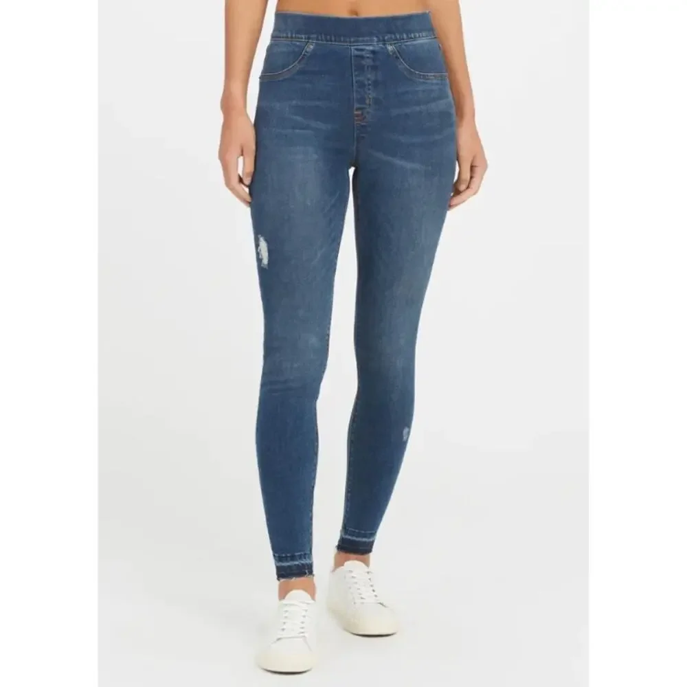 new Spanx Sz XS Pull-On Release Raw Hem Stretch High Rise Blue Skinny Jeans - Picture 1 of 6